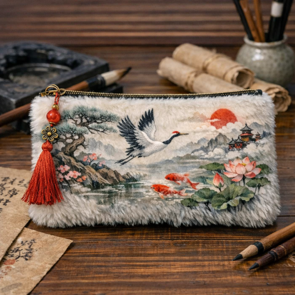 Oriental Serenity Faux Fur Art Pouch