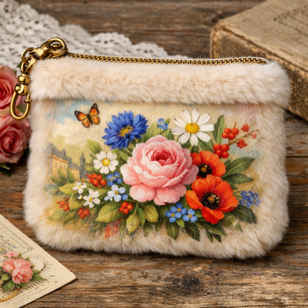 French Atelier Vintage Floral Plush Ziper Pouch