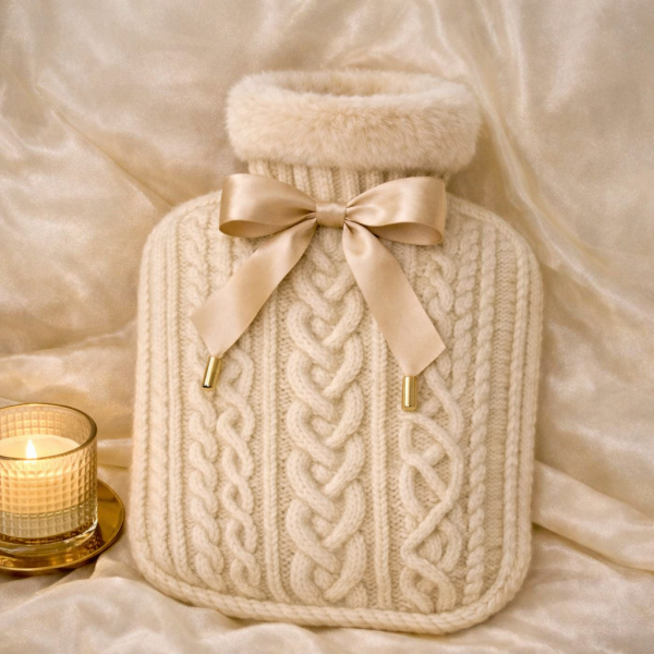 Luxury Knitted Hot Water Bottle with Faux Fu Trim & Ribbon Cover
