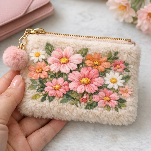 OEM Embroidered Floral Plush Zipper Pouch with Pom‑Pom | Custom Logo Available