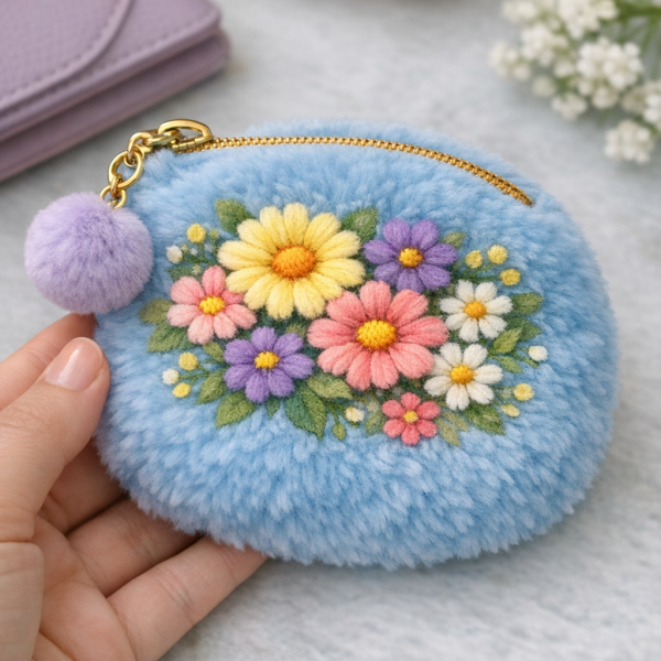 OEM Pastel Blue Embroidered Plush Coin Purse with Pom‑Pom  Custom Branding